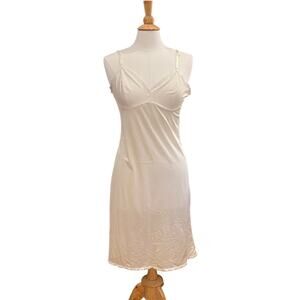Vintage 80s Sears Ivory Satin Slip Dress, Lace Trim, Size 36, M